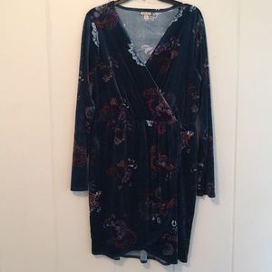 Deep Teal Floral Stretch Velvet Faux Wrap Dress